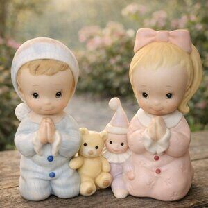 Vtg HOMCO Praying Girl & Boy Porcelain Figurines in Pajamas w/ Teddy Bear Doll